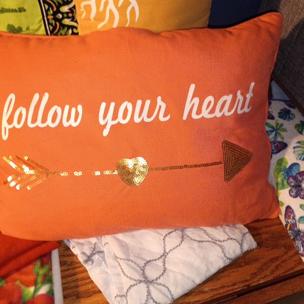 Orange Decorative Pillow with Gold Sequin Arrow